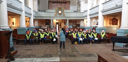 SPAB course students site visit, hard hat tour to conservation project at St Leonards Church in Shoreditch