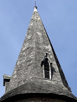 octagonal shingle wood church spire roof